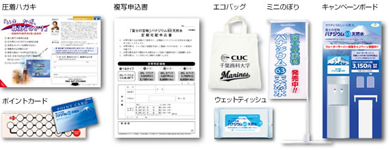 圧着ハガキ 複写申込書 エコバッグ ミニのぼり キャンペーンボード ポイントカード ウェットティッシュ